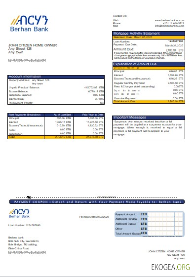 Relevé hypothécaire de la banque Ethiopie Berhan scr